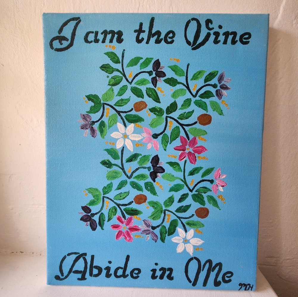 "Abide" original art hand painted Bible verse flowers acrylic canvas wall decor